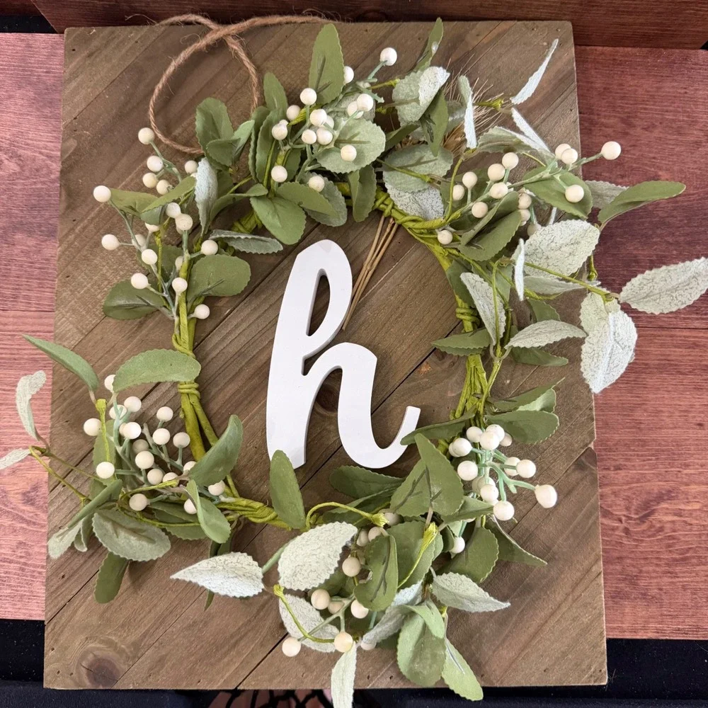 Rustic Handmade Wood Wall Plaque Monogram Letter H Faux Greenery Wreath
